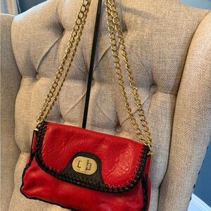 Badgley Mischka Red and Black Shoulder Bag with Gold Chain & Clasp